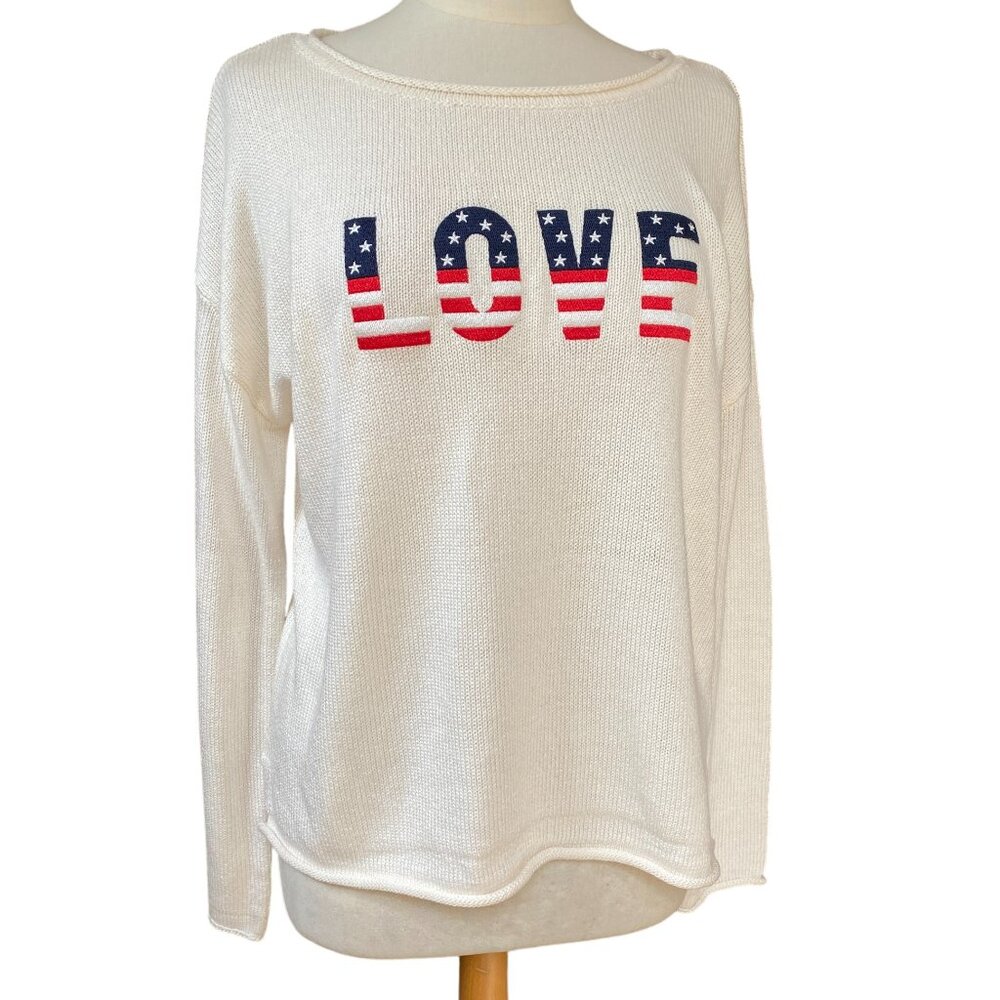 Marled American Flag Embroidered LOVE Patriotic Sweater Preppy Nautical USA-L